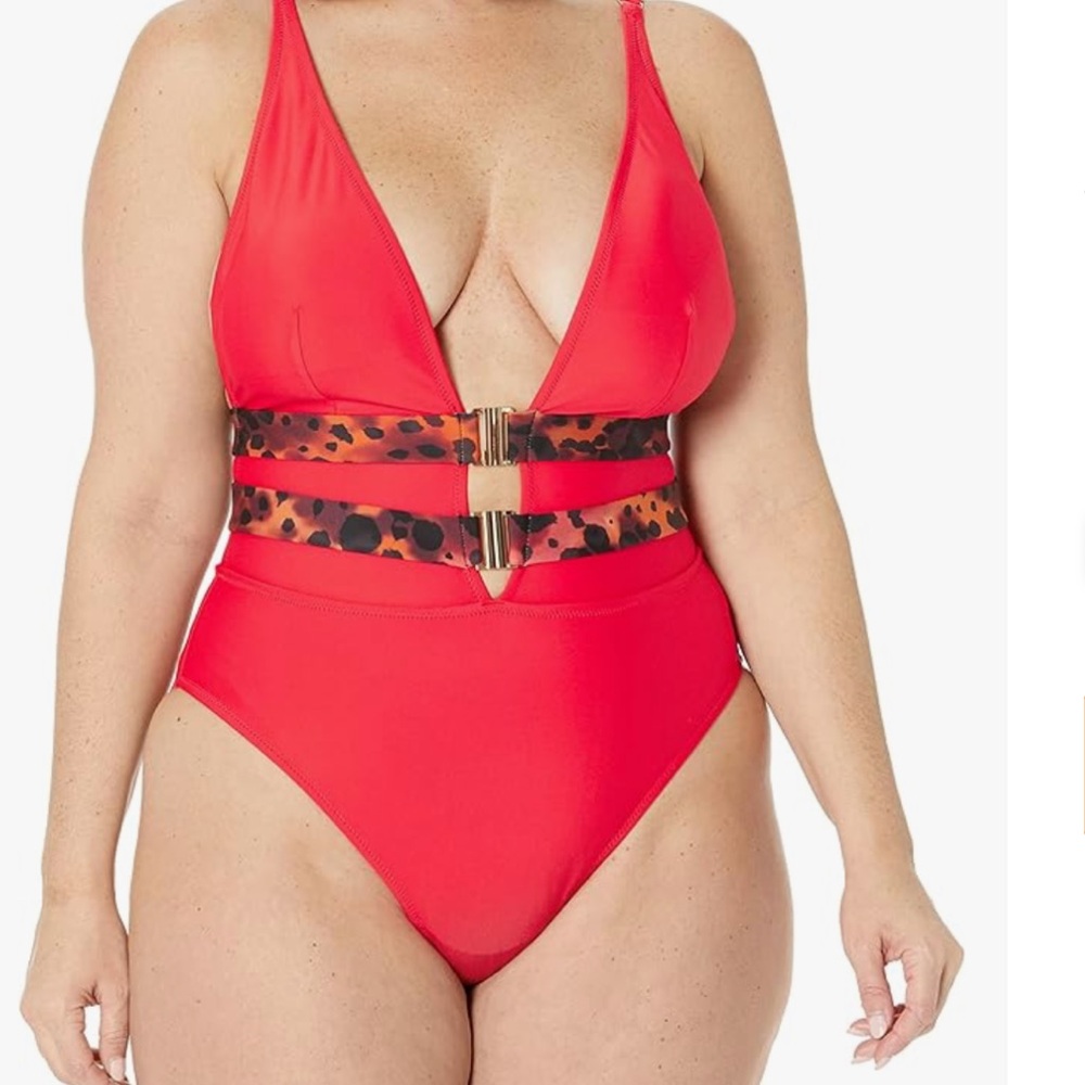 City Chic Vibrant Red Swimsuit with Leopard Accent Size S(14/16)